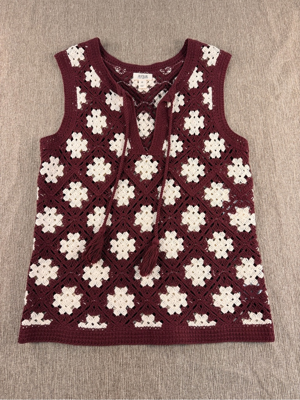 a.n.a Boho Granny Square Crochet Tank Top Burgundy Cream NWT XS